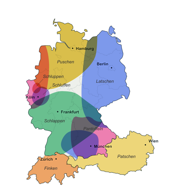 Gesamtkarte der regionalen Bezeichnungen f�r Hausschuhe im deutschsprachigen Raum